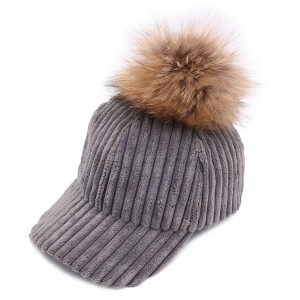 WENZHE Fur Ball Pompoms Warm Cap Women Corduroy Hat Winter Baseball Caps