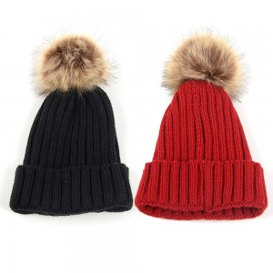 WENZHE Women Girls Leisure Solid Color Knitted Hat Fur Warm Knit Pom Pom Winter Beanies