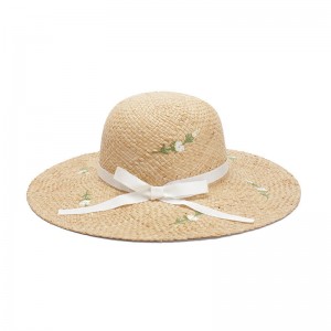 WENZHE Women’s Beach Hat Flower Embroidered Straw Hat with Bow-knot Ribbon