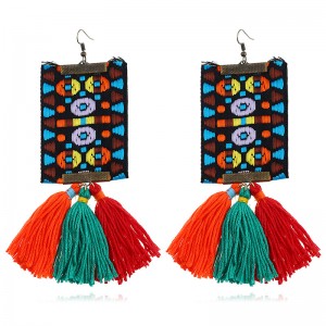 Vintage boho ethnic style embroidery thread green tassel earring for women