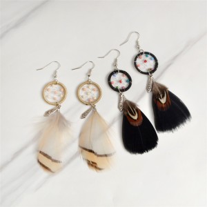 Wholesale earrings jewelry fashion indian color beads hook earring long feather earring for women