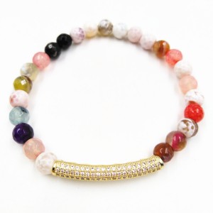 Handmade Gold Crystal Inset Beads Multicolor Natural Agate Stone Beads Bracelet