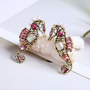 New Personality Creative Sea Jewelry Vintage Hollow Seahorse Pearl Pink Crystal Gemstone Stud Earrings