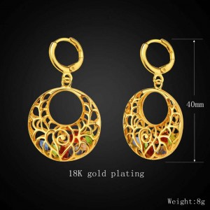 Dubai fashion copper plated 18K gold round hollow color diamond necklace earrings jewelry set