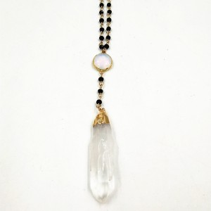 New Fashion Women Irregular Natural Stone White Crystal Stone Pendant Black Rosary Chain Necklace