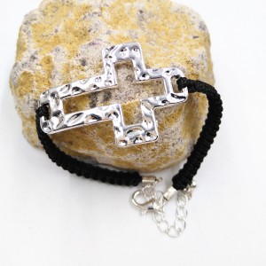 Newest Hollow Silver Plated Cross Black Handmade Braided Cord Adjustable Bracelet For Men Women