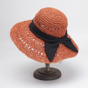 WENZHE Handmade Wide Brim Straw Hat With Big Black Bow