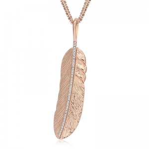 Fashion gold feather necklace crystal paved feather shape pendant necklace jewelry for lady