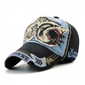 WENZHE Vintage Shark Applique Embroidery Faded Effect Adjustable Baseball Caps