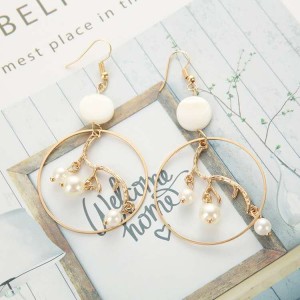 Fashion gold geometric big hoop inner branch dangle pearl earrings