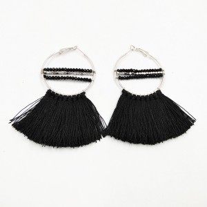 New Models Ladies Earring Black Silk Thread Tassel Beads Hoop Earrings