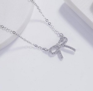 Factory Price Jewelry Silver CZ Pave Mini Ribbon Bow Necklace Valentine Gift