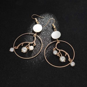 Fashion gold geometric big hoop inner branch dangle pearl earrings