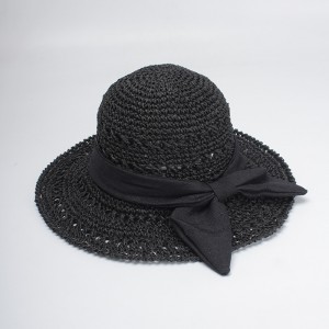 WENZHE Handmade Wide Brim Straw Hat With Big Black Bow