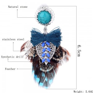 Handmade bow shape feathers charm earring rhinstone earring stainless steel ear clips rhinstone earring