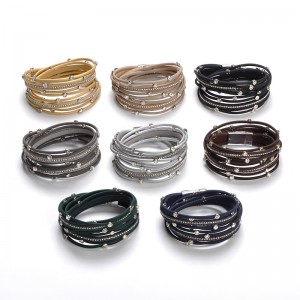 WENZHE Fashion Leather Magnetic Clasp Crystal Multi-layer Bracelet Wholesale