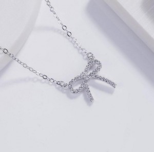 Factory Price Jewelry Silver CZ Pave Mini Ribbon Bow Necklace Valentine Gift
