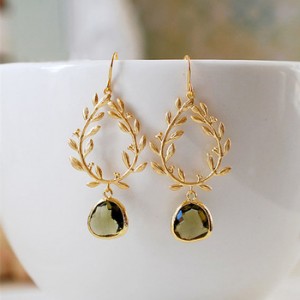 Fashion earring designs gold earring green gemstone single diamond earring