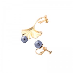 Gold Plated Ginkgo Biloba Designs Black Imitation Pearl Earrings