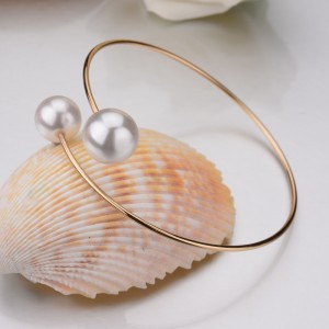 New Fashion Simple Double Pearl Round Beads Open Gold Cuff Bangle Bracelets