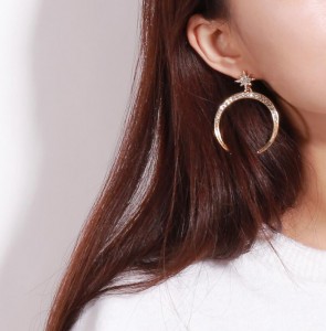 Inlay Crystal Stars Horns Dangle Drop Earrings Saudi Gold Earrings Design