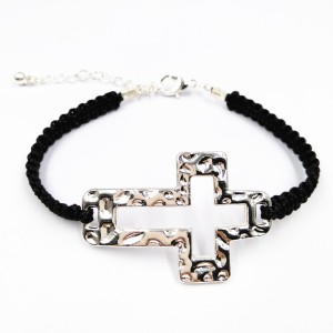 Newest Hollow Silver Plated Cross Black Handmade Braided Cord Adjustable Bracelet For Men Women