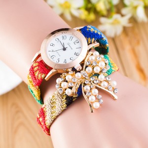 Ethnic style gradient color pearl bow woven love watch