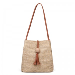 WENZHE New Style Women Wood ball Tassel Crossbody Bag Bucket Straw Shoulder Bag