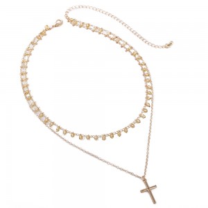 Latest Design Gold Glass Beads Chain Multilayer Cross Pendant Necklace For Women