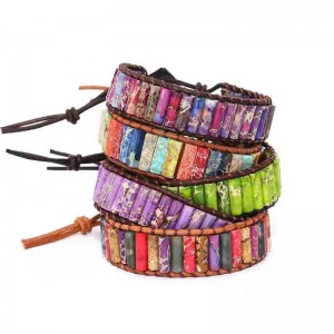 WENZHE Fashion boho colorful natural stone woven leather cord adjustable bracelet