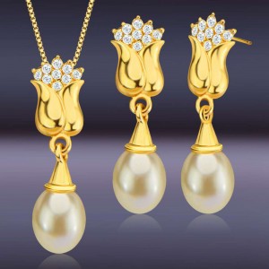 New Style Fashion Bridal Necklace Earrings Two Piece Set Pearl Copper Plated 18K Gold Rose Jewelry Set