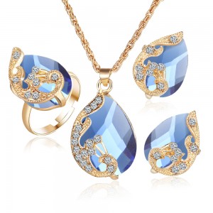 Plated gold Austrian crystal drop peacock three-piece kit pendant necklace earrings ring set women