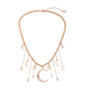 Newest Style Simple Women Tassel Crystal Moon Star Gold Choker Necklace