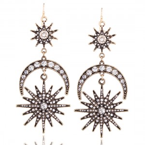 Fashion Gold Plating Alloy Rhinestone Sun Moon Shaped Tassel Drop Earrings