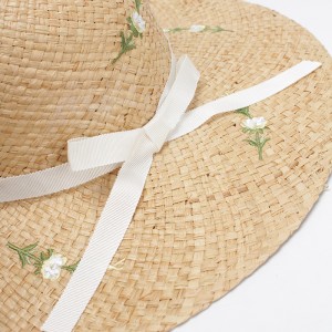 WENZHE Women’s Beach Hat Flower Embroidered Straw Hat with Bow-knot Ribbon