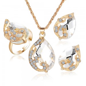 Plated gold Austrian crystal drop peacock three-piece kit pendant necklace earrings ring set women