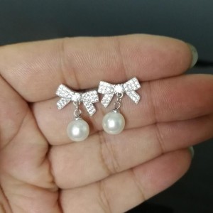 Exquisite Wedding Decoration 925 Sterling Silver Zircon Bowknot Pearl Earring