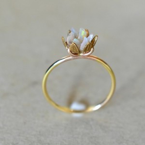 Unique Opal Ring Lotus Flower Ring in Yellow Gold Uncut Opal Engagement Ring Raw Rough Fire Opal Jewelry for Women