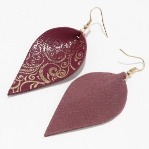 European and American Multicolor Gold Plated Genuine Leather Leaf Earrings