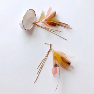 Gold and Pink Feather Earring Gold Delicate Earring Gold Dangle Feather Earring