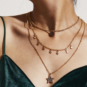 Wholesale Pentagram Sequins Pendant Necklace Women Gold Plated Chain Multilayer Star Women Boho Necklace Jewelry