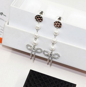 Women jewelry accessory silver color full crystal stone bowknot pearl earrings
