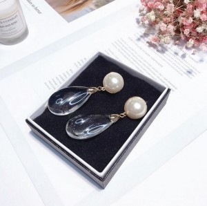 Gold plated pearl waterdrop shape exaggerate transparent big gemstone earring