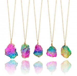 Rainbow Quartz Crystal Necklace Metallic Aura Quartz Stone Point Pendant Boho Style Necklace Women