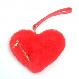WENZHE Red Cute Faux Fur Heart Shaped Pocket Purse HandBags