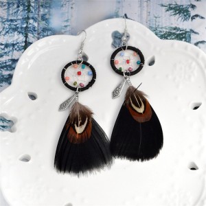 Wholesale earrings jewelry fashion indian color beads hook earring long feather earring for women