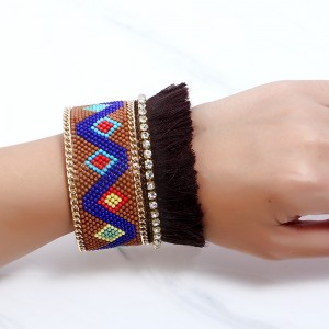 Fashion Jewelry Bohemian Style Irregular Geometric Patterns Tassel Seed Beads Boho Cuff Bracelet