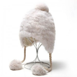 WENZHE Ladies Winter Rabit Fur Earflap Hats With Fur Pompom Balls For Women