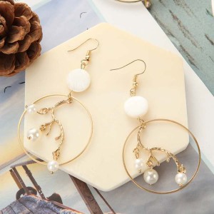 Fashion gold geometric big hoop inner branch dangle pearl earrings