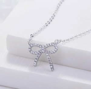 Factory Price Jewelry Silver CZ Pave Mini Ribbon Bow Necklace Valentine Gift